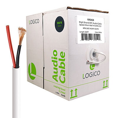 Logico in Wall Audio Speaker Cable 14/2 Gauge/AWG OFC Pure Copper 500ft White